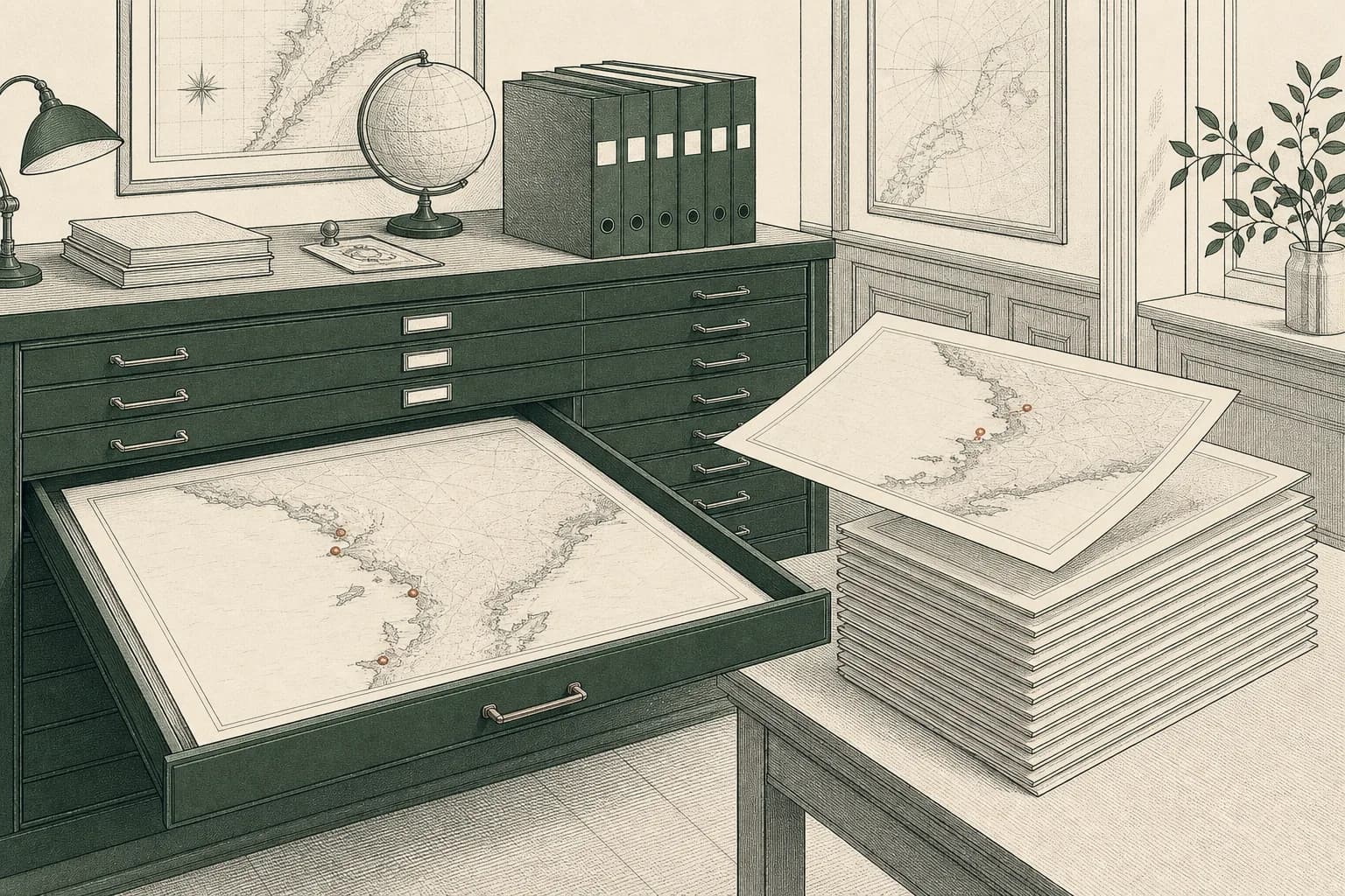 An archival map room with a drawer open on a dated map sheet