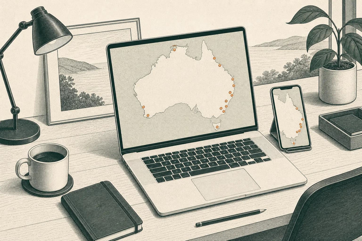 A developer desk with a laptop and phone showing a live incident map