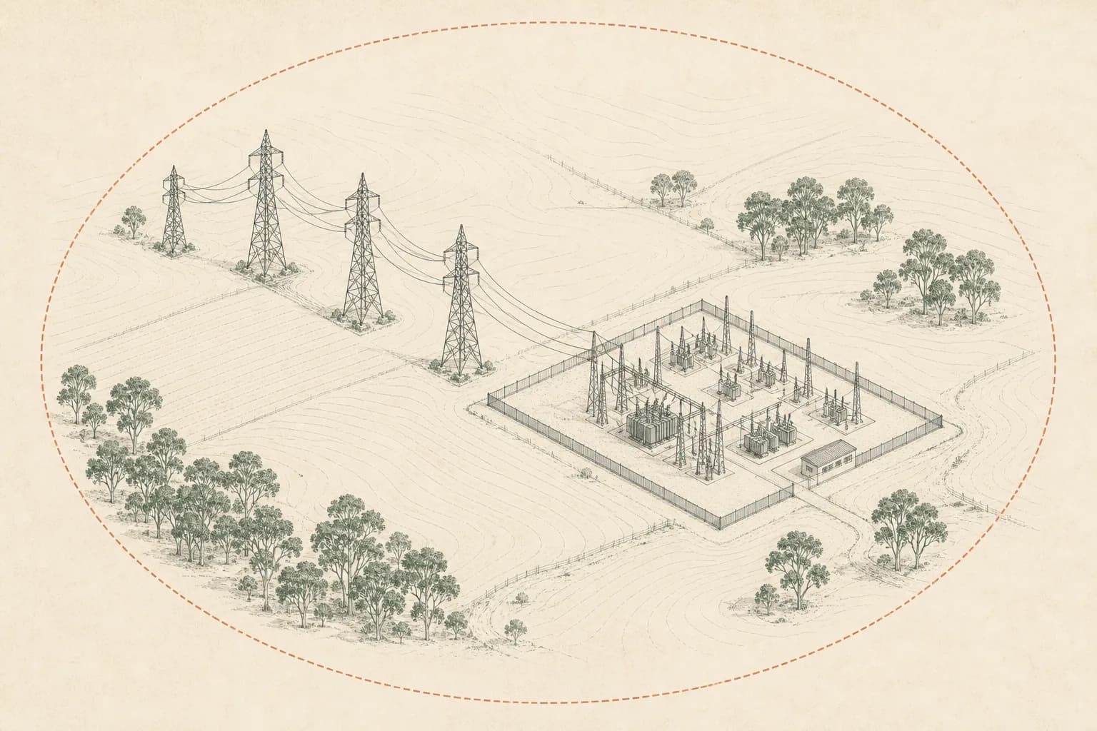 Transmission towers and a substation inside a single monitored area