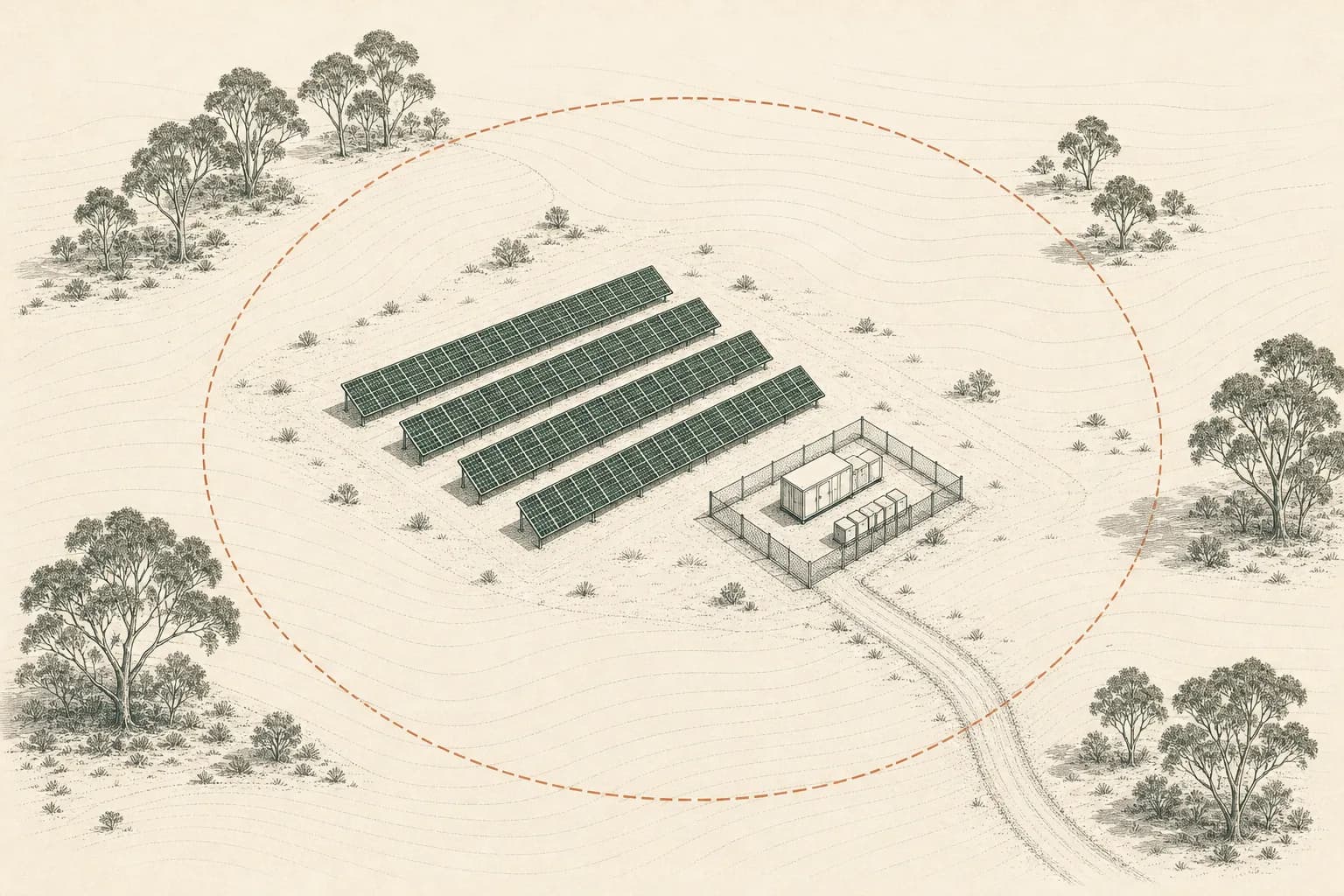 A solar array and battery compound inside a single monitored area