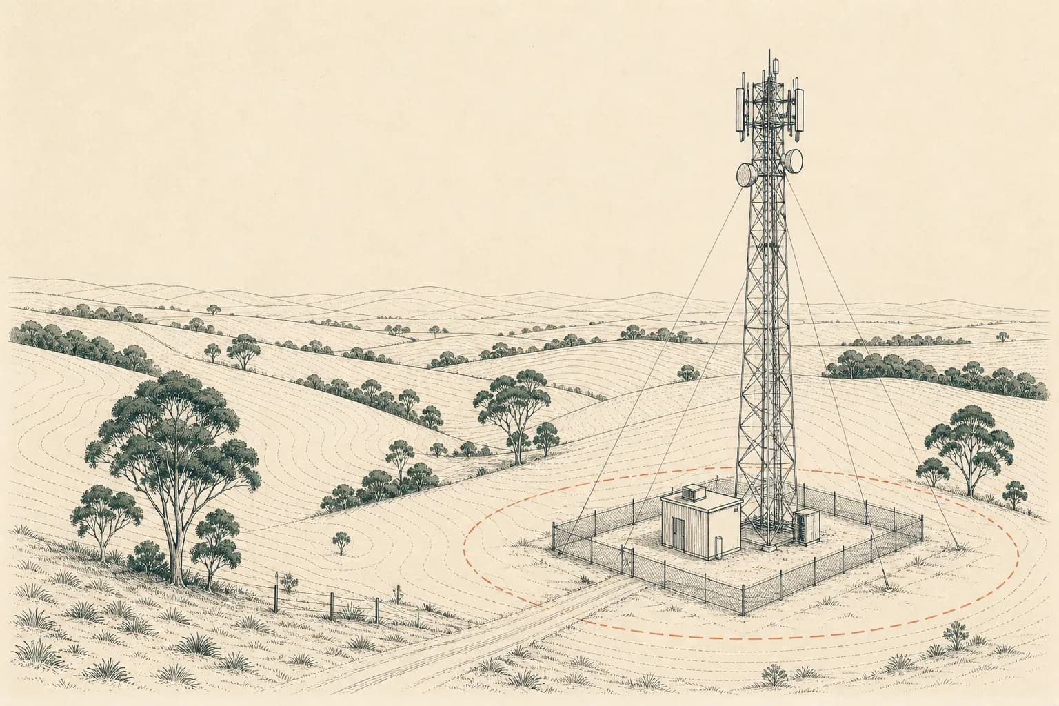 A telecommunications tower and equipment shelter inside a single monitored area