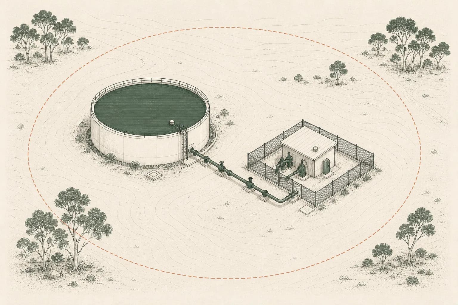 A reservoir, trunk main and pump station inside a single monitored area